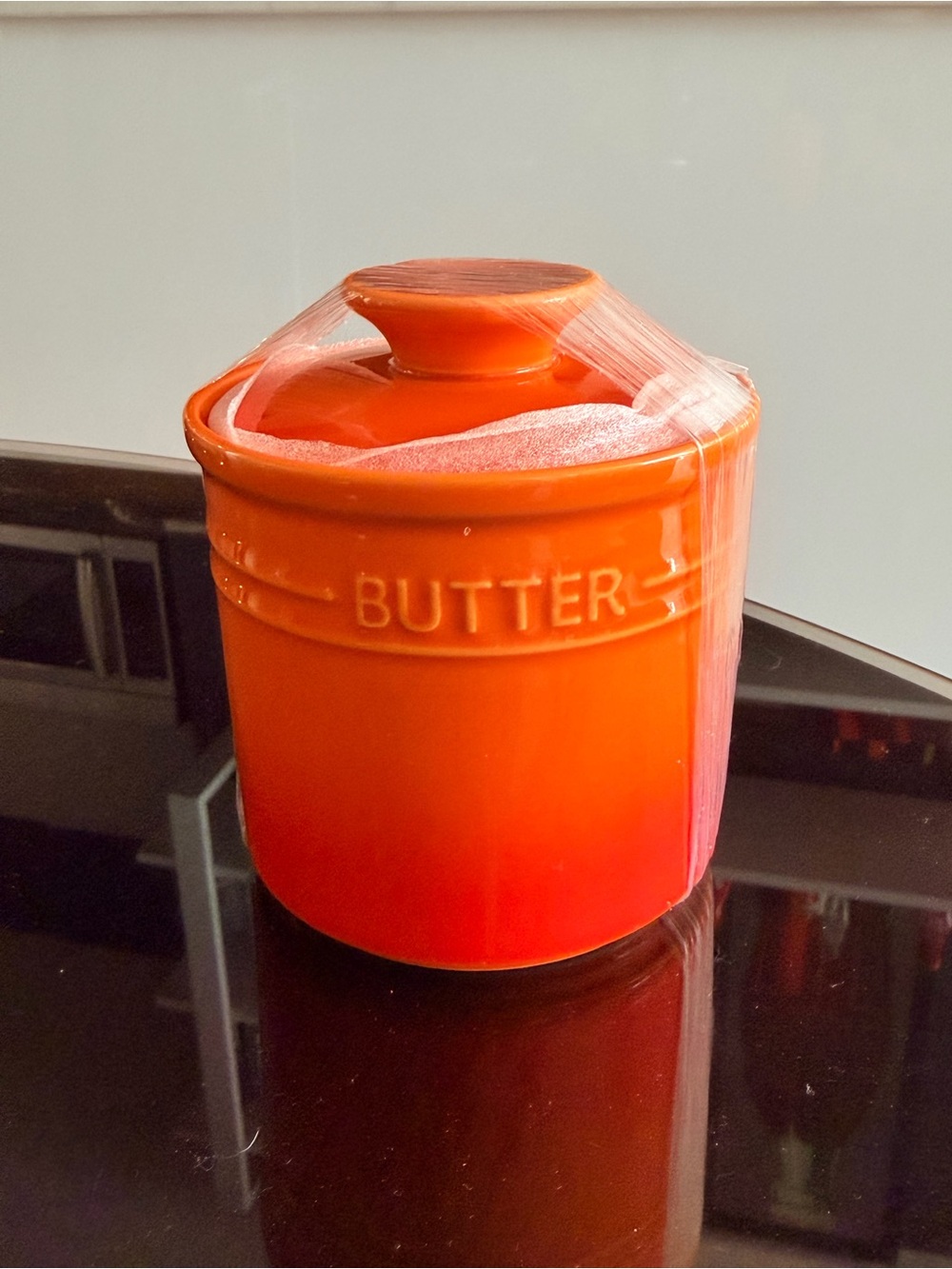 Orange Ceramic Butter Crock with Lid